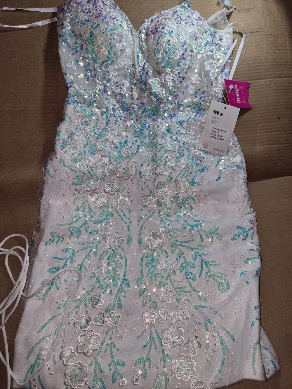 White Sequin Floral Prom Dress with Teal Accents